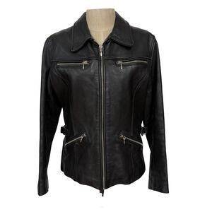 Vintage GUESS Black Leather Jacket Genuine Leather Moto Biker Size Small